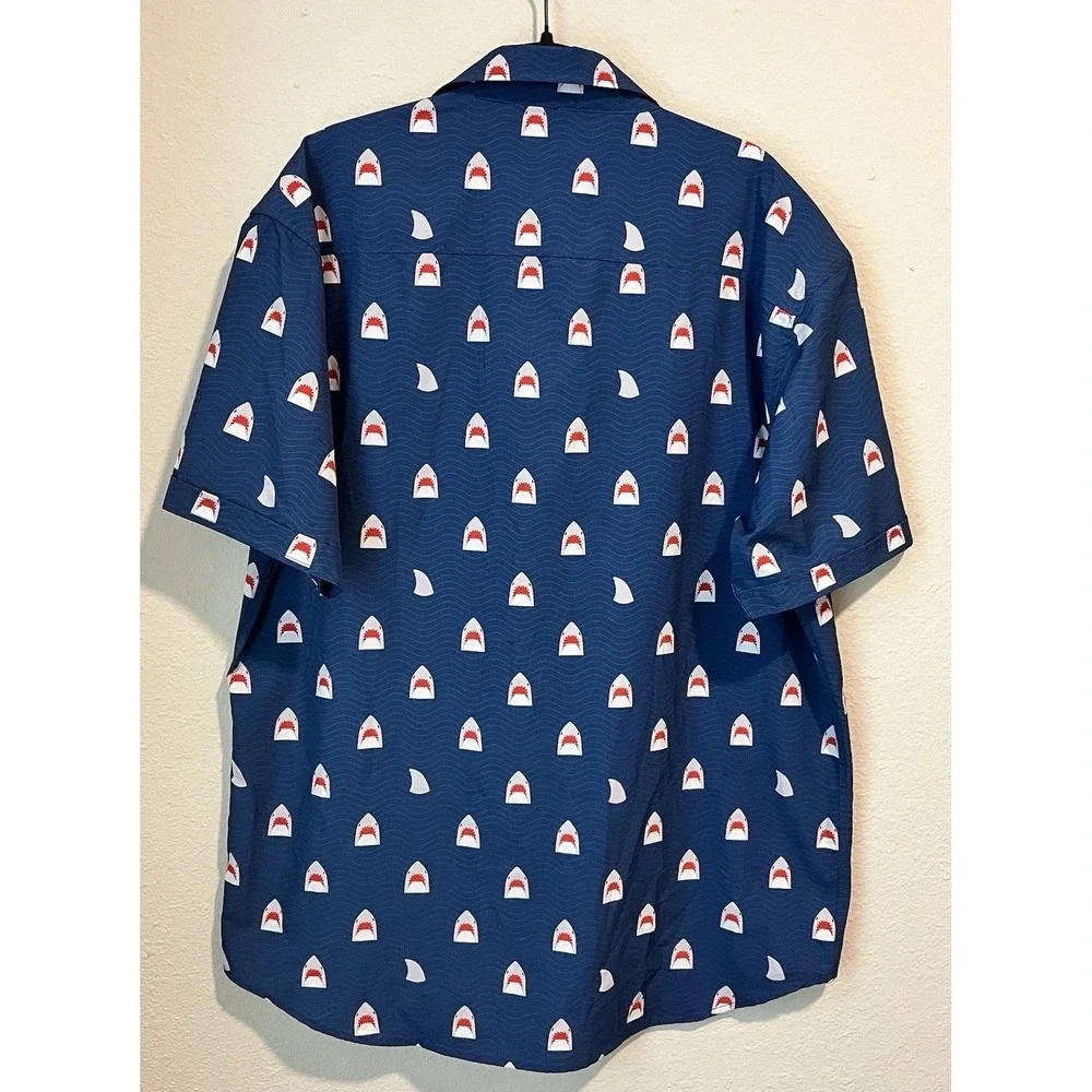 RSVLTS Men's Shirt Size XL Chomp Shark Shirt Short Sleeve Blue Button Up Summery - Picture 6 of 11
